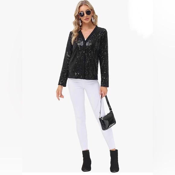 New KANCY KOLE Women's Sequin Jacket Long Sleeve Button Down Shrug Shiny black - Picture 4 of 10